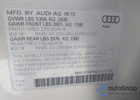 2013 Audi Q5 2.0T Premium z USA, uszkodzony, nr VIN WA1LFAFPXDA102180